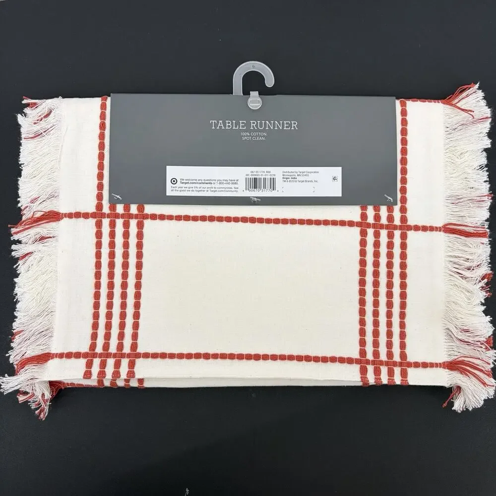 Threshold Table Runner NEW 14x72 Red Off White Ivory Cotton Fringe‎ Stripe